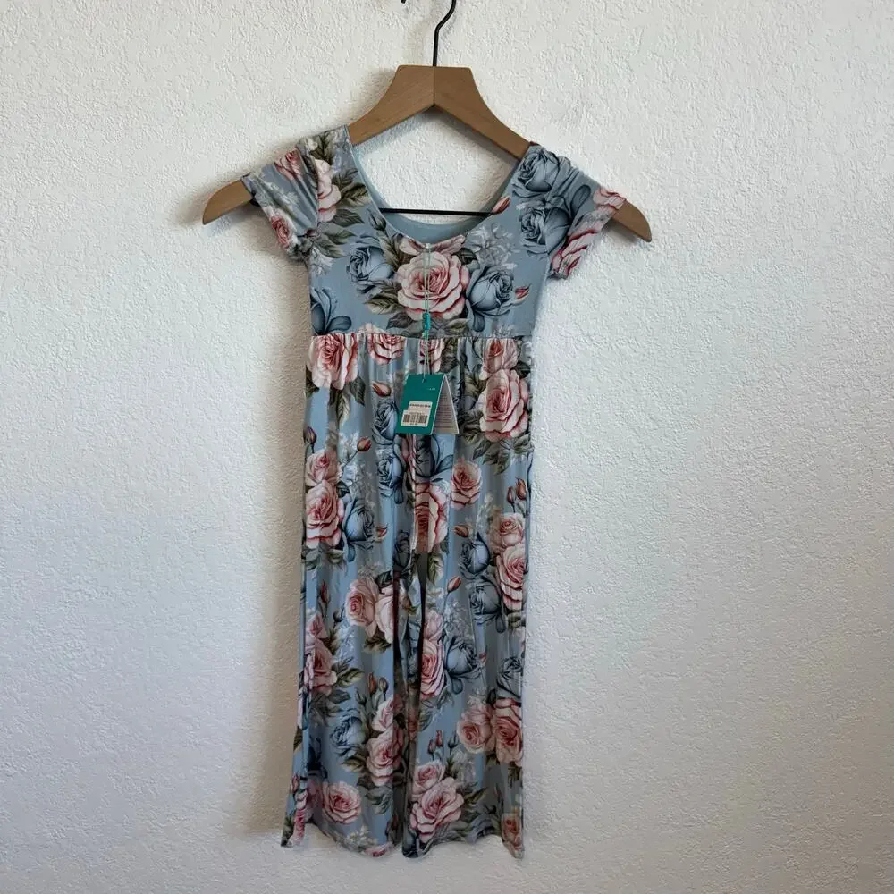 NEW NWT Posh Peanut Floral Scoop Neck Short Sleeve Wide Leg Jumpsuit Blue 3T-4T - Picture 5 of 9